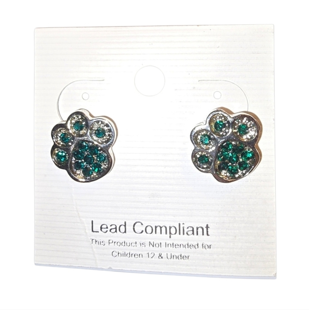 NWT Emerald Green Crystal Paw Print Stud Earrings ~.5" x .5" Free Gift Wrapping